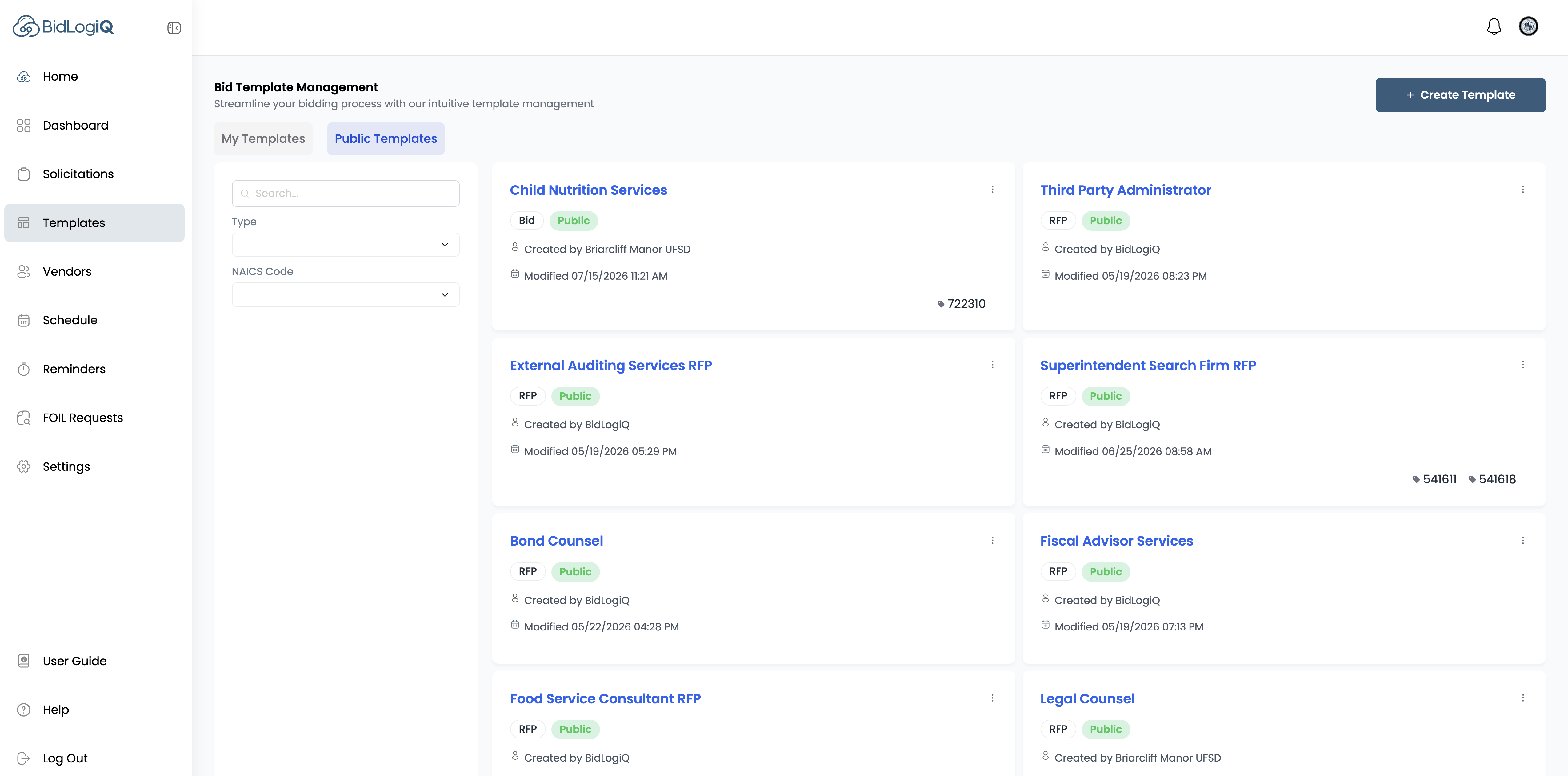 BidLogiQ bid template management — public and district bid and RFP templates
