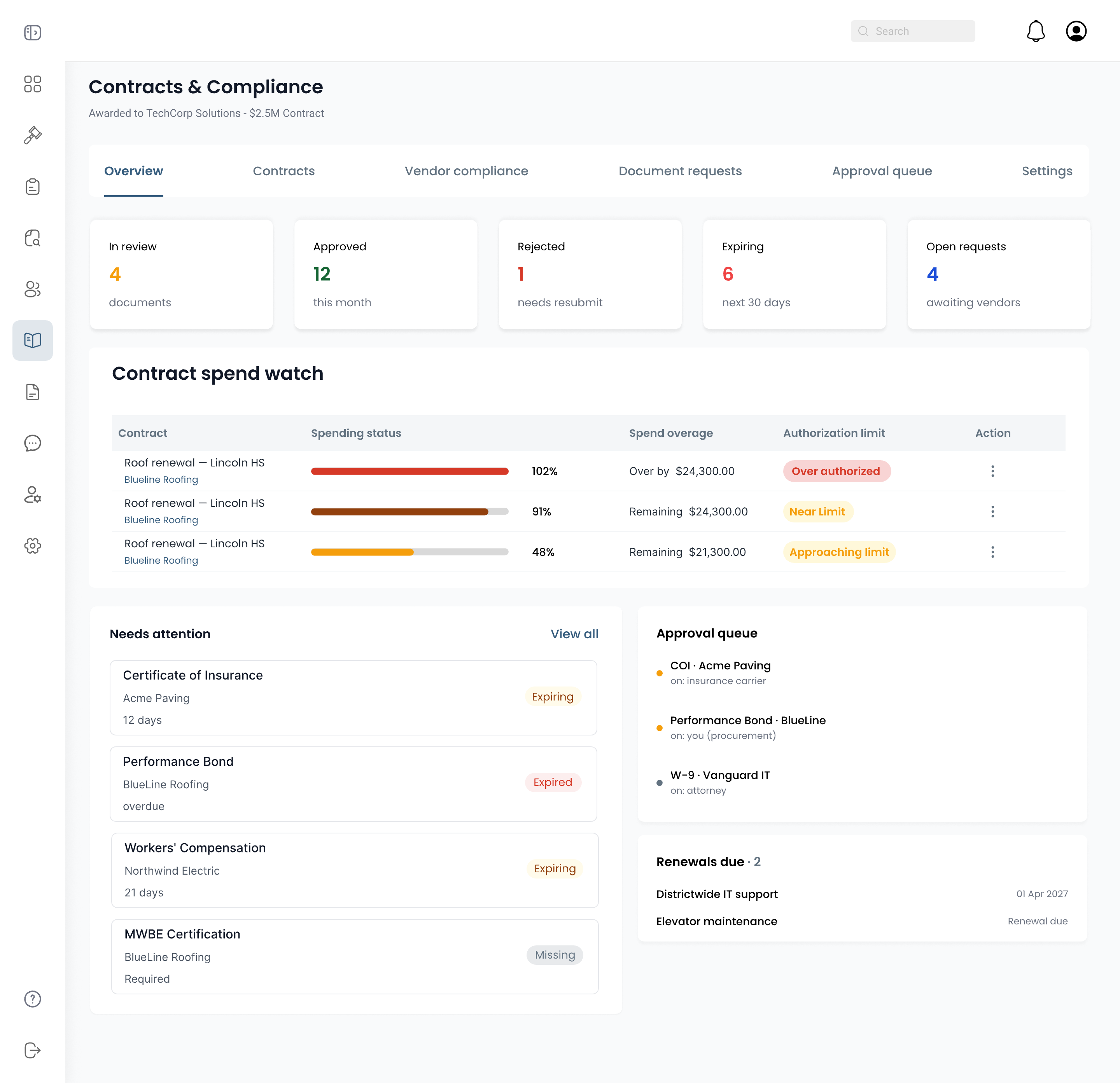 BidLogiQ Contracts & Compliance module — document review, vendor compliance, and contract spend watch