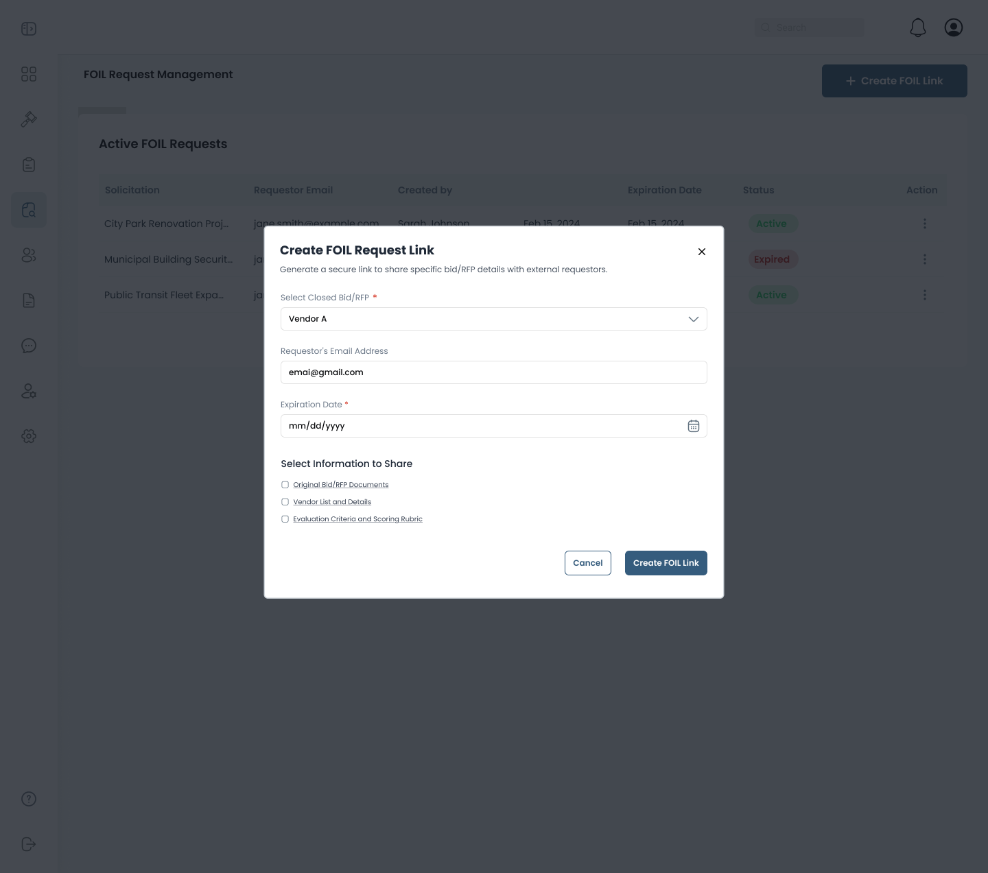BidLogiQ FOIL request management — create a secure FOIL request link